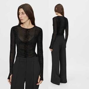 NEW Figue Long Sleeve Sheer Mesh Animal Print Crew-Neckline Top Black Size: XS